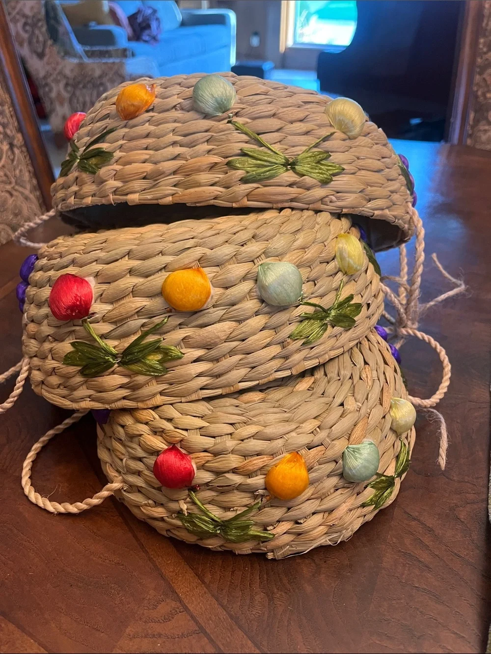 Hand Crafted Straw Nesting Baskets with Multicolor Embroidered Buds